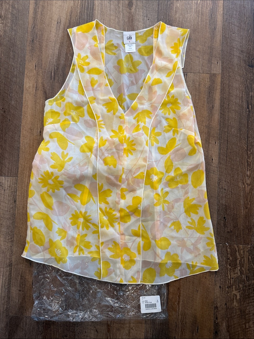 CAbi Front Porch Top - Yellow & Pale Pink Floral V-Neck Sleeveless Top